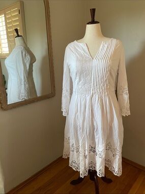 NYDJ White Pintuck & Lace Midi Dress